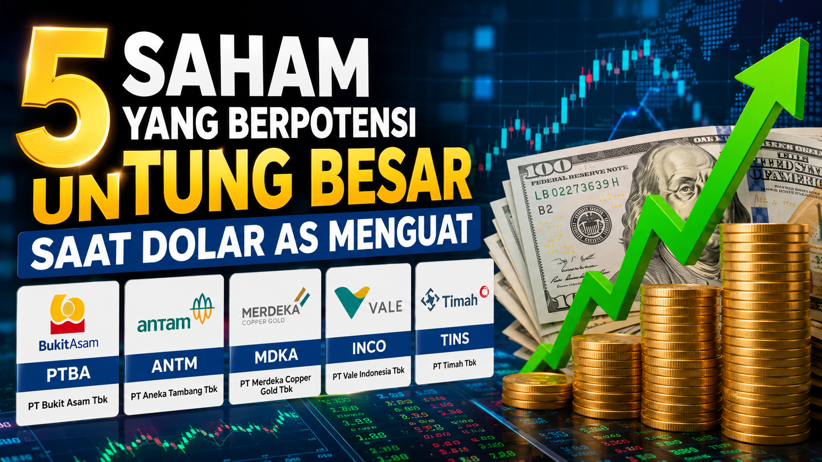 5 saham yang berpotensi untung besar saat dolar AS menguat, termasuk PTBA, ANTM, MDKA, INCO, dan TINS.