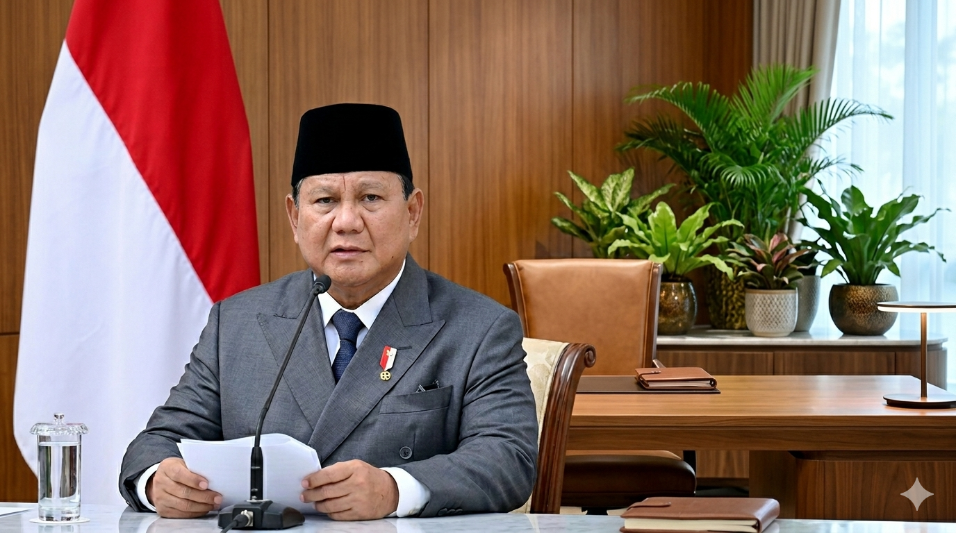 Presiden Prabowo Subianto memberikan keterangan saat pidato mengenai reformasi tata kelola ekspor komoditas yang berdampak pada penyesuaian harga sawit nasional.