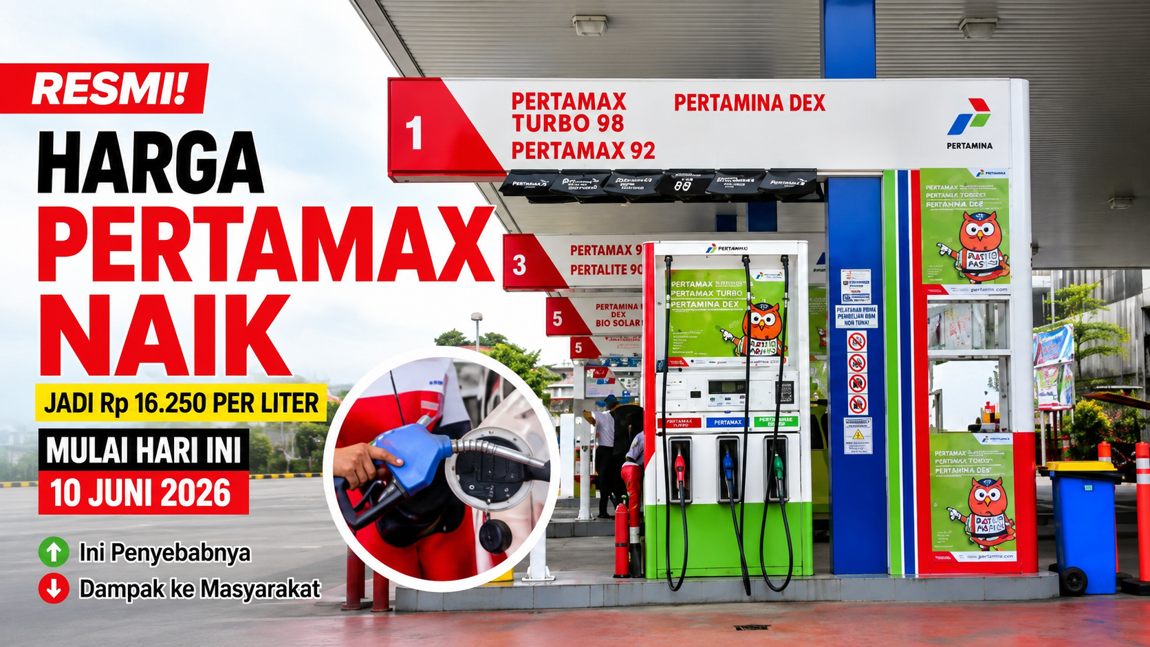 Harga Pertamax naik menjadi Rp16.250 per liter mulai 10 Juni 2026 akibat pengaruh harga minyak dunia dan penguatan dolar AS terhadap rupiah.
