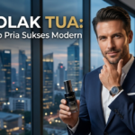 Seorang eksekutif pria modern dengan kulit wajah bersih sehat dan terawat menggunakan rangkaian produk skincare premium anti-aging berlatar belakang kantor mewah urban.