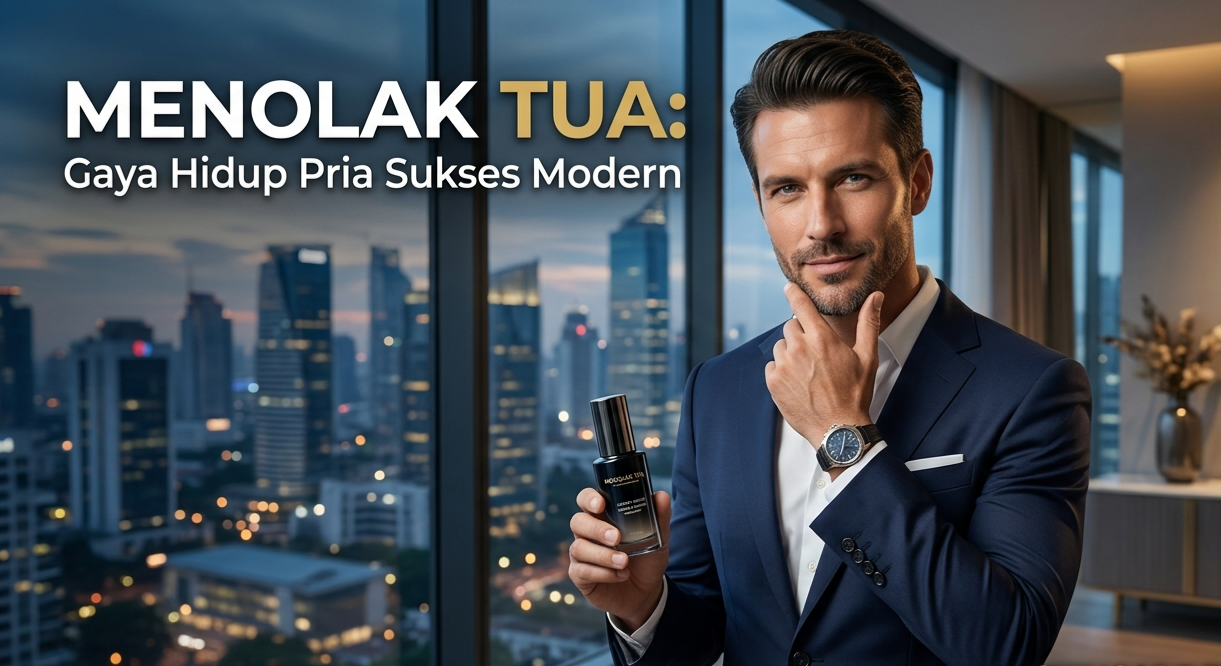 Seorang eksekutif pria modern dengan kulit wajah bersih sehat dan terawat menggunakan rangkaian produk skincare premium anti-aging berlatar belakang kantor mewah urban.