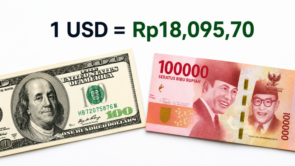 Grafik digital berlatar belakang putih menampilkan teks "1 USD = Rp18.095,70" di bagian atas, dengan gambar uang kertas 100 Dolar AS yang menampilkan Benjamin Franklin di sisi kiri bawah dan uang kertas 100.000 Rupiah bergambar Soekarno-Hatta di sisi kanan bawah.