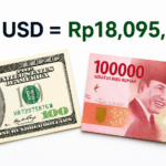 Grafik digital berlatar belakang putih menampilkan teks "1 USD = Rp18.095,70" di bagian atas, dengan gambar uang kertas 100 Dolar AS yang menampilkan Benjamin Franklin di sisi kiri bawah dan uang kertas 100.000 Rupiah bergambar Soekarno-Hatta di sisi kanan bawah.