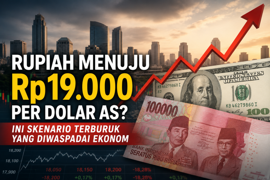 Ilustrasi nilai tukar rupiah terhadap dolar AS yang berpotensi menuju Rp19.000 per dolar AS di tengah tekanan ekonomi global.