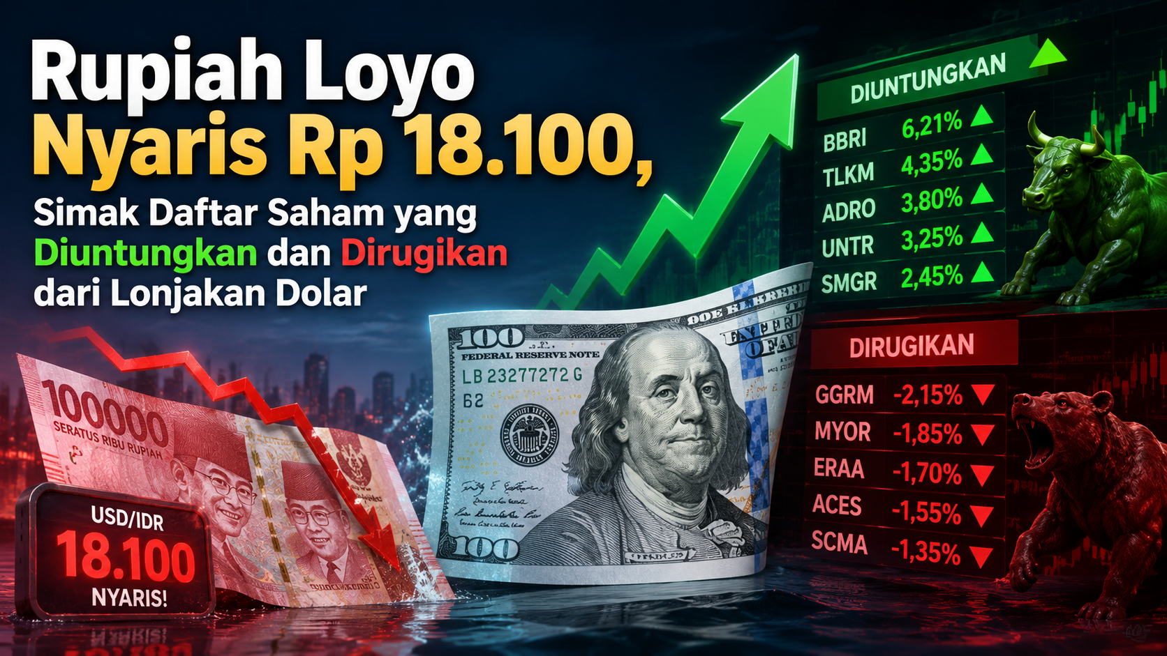 Rupiah melemah mendekati Rp18.100 per dolar AS dengan daftar saham Indonesia yang diuntungkan dan dirugikan akibat lonjakan nilai tukar dolar.