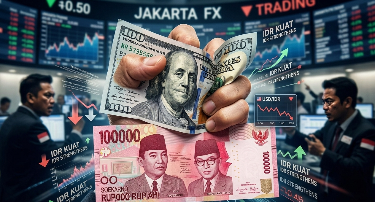 Visualisasi gejolak mata uang Dolar AS dan Rupiah di tengah lantai bursa saham yang sibuk, sebagai ilustrasi artikel cara mengamankan uang dan aset saat nilai tukar Rupiah merosot tajam.