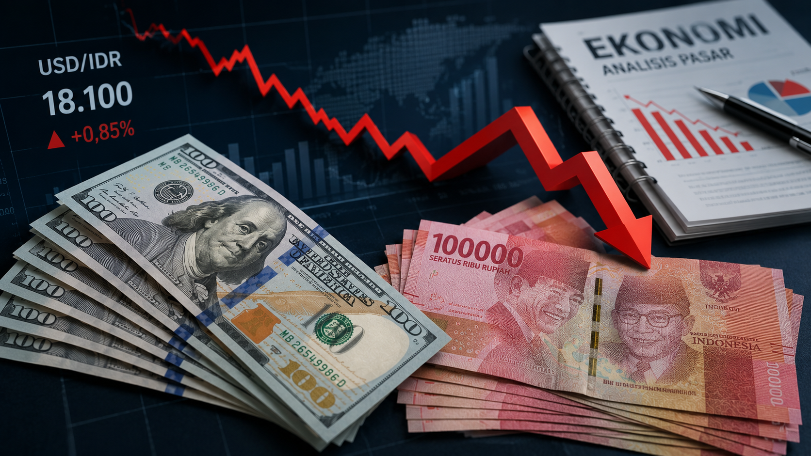 Ilustrasi rupiah melemah mendekati Rp18.100 per dolar AS dengan latar grafik ekonomi dan uang dolar Amerika Serikat.