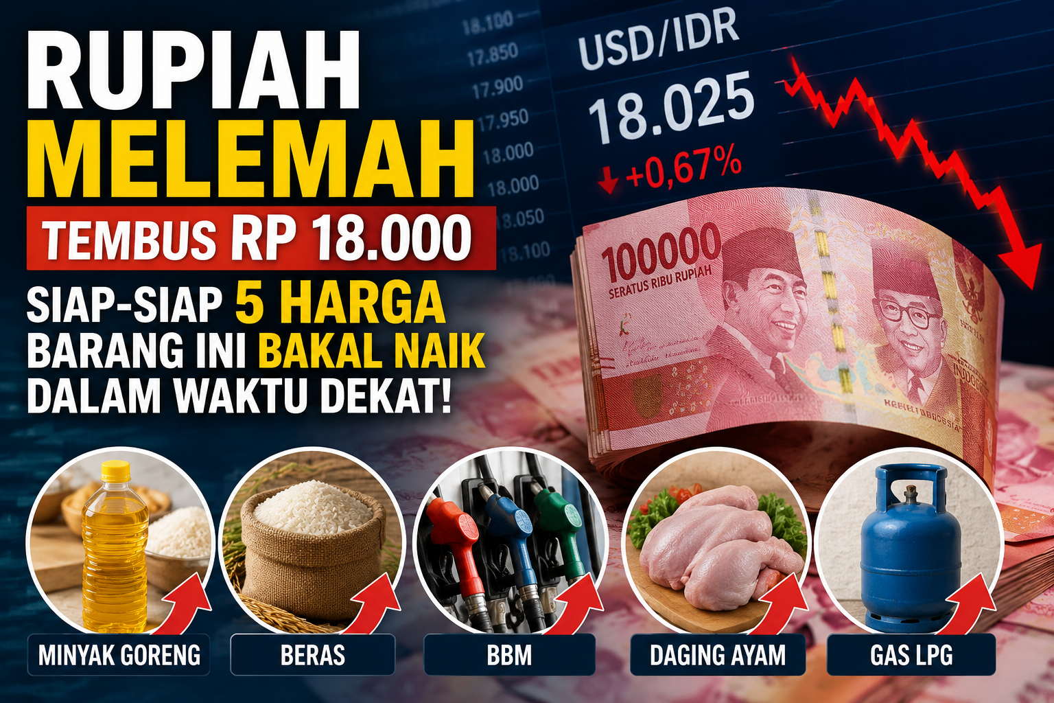 Rupiah melemah tembus Rp 18000 per dolar AS sehingga harga barang seperti BBM, beras, minyak goreng, daging ayam, dan gas LPG berpotensi naik.