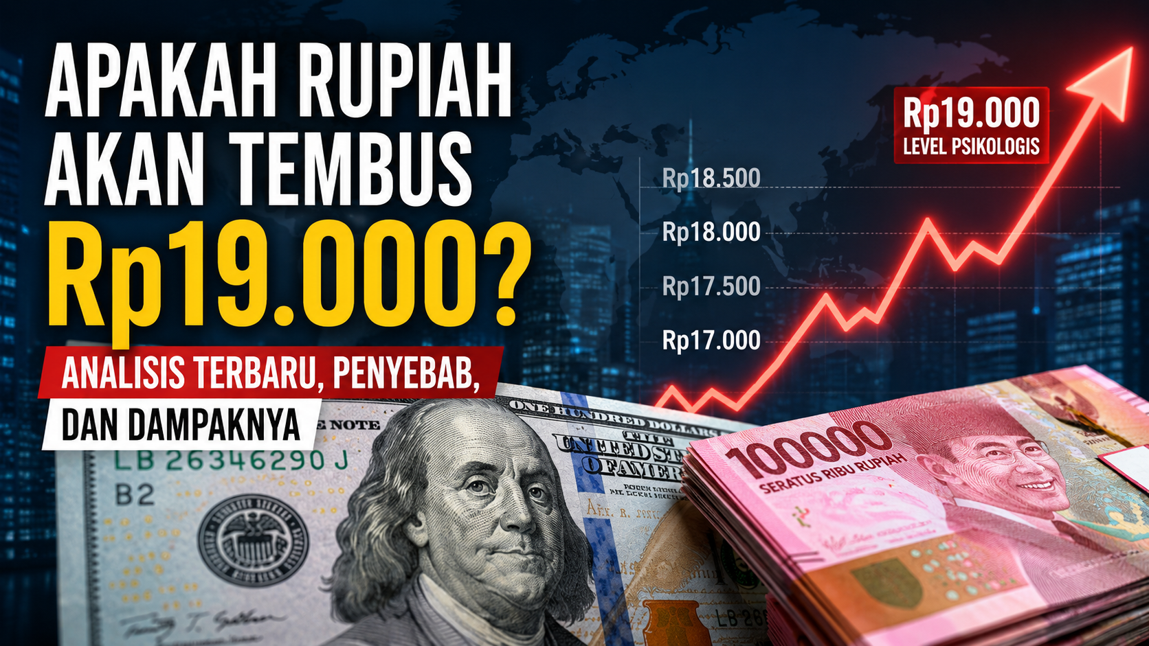 Ilustrasi rupiah tembus Rp19.000 per dolar AS dengan grafik kenaikan kurs dolar dan analisis dampaknya terhadap ekonomi Indonesia