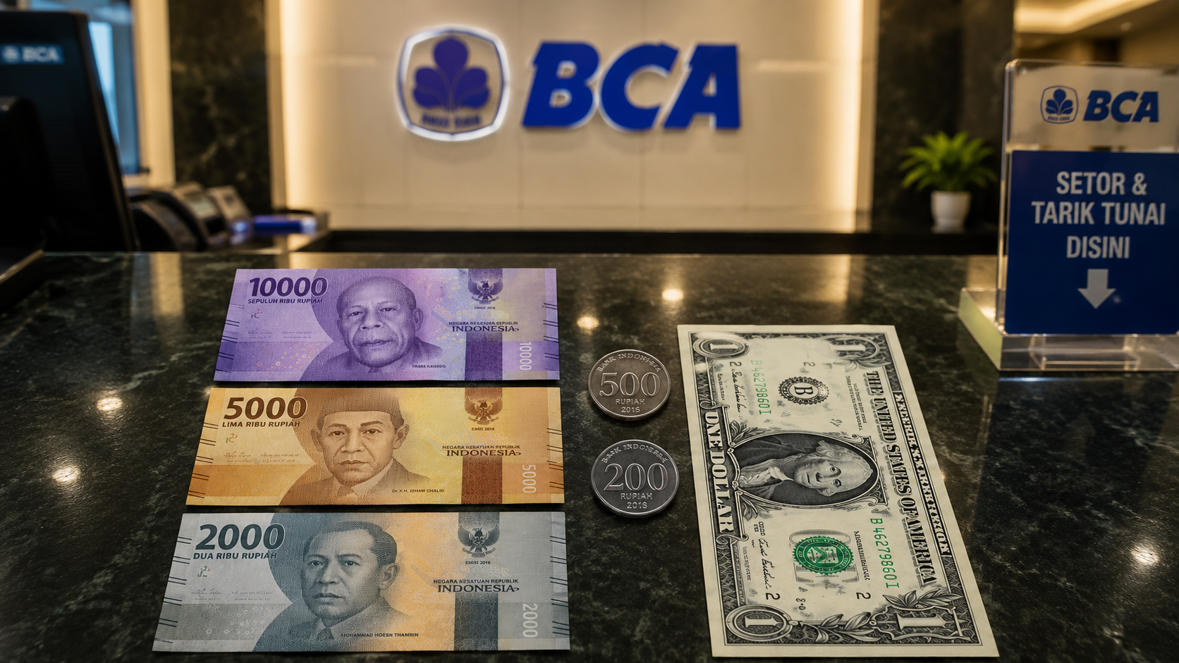 Rupiah dan dollar as di atas meja teller bank BCA sebagai ilustrasi rupiah tertekan dari dolar as.
