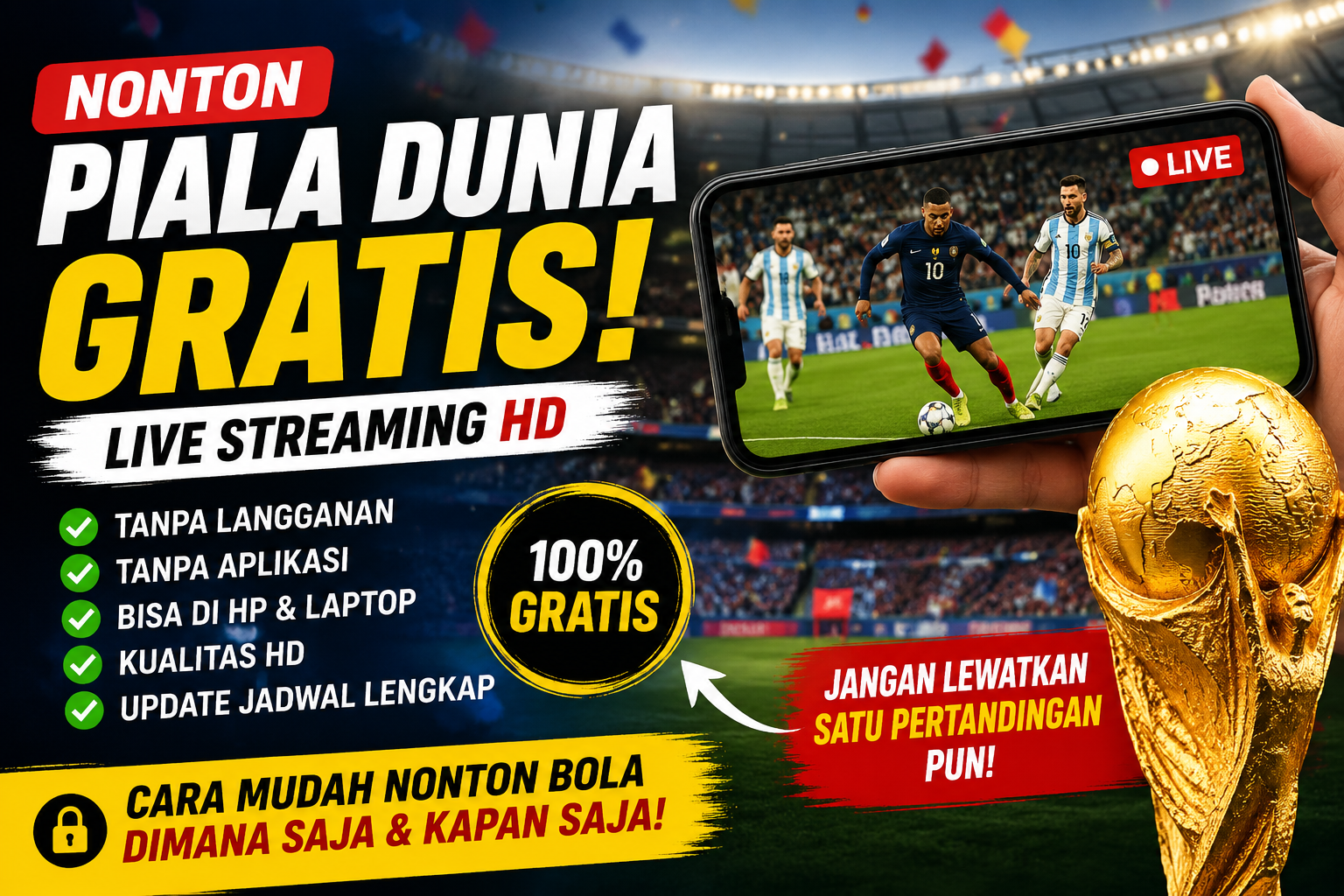 Ilustrasi cara menonton pertandingan Piala Dunia FIFA 2026 secara online melalui perangkat seluler dengan tampilan stadion sepak bola.