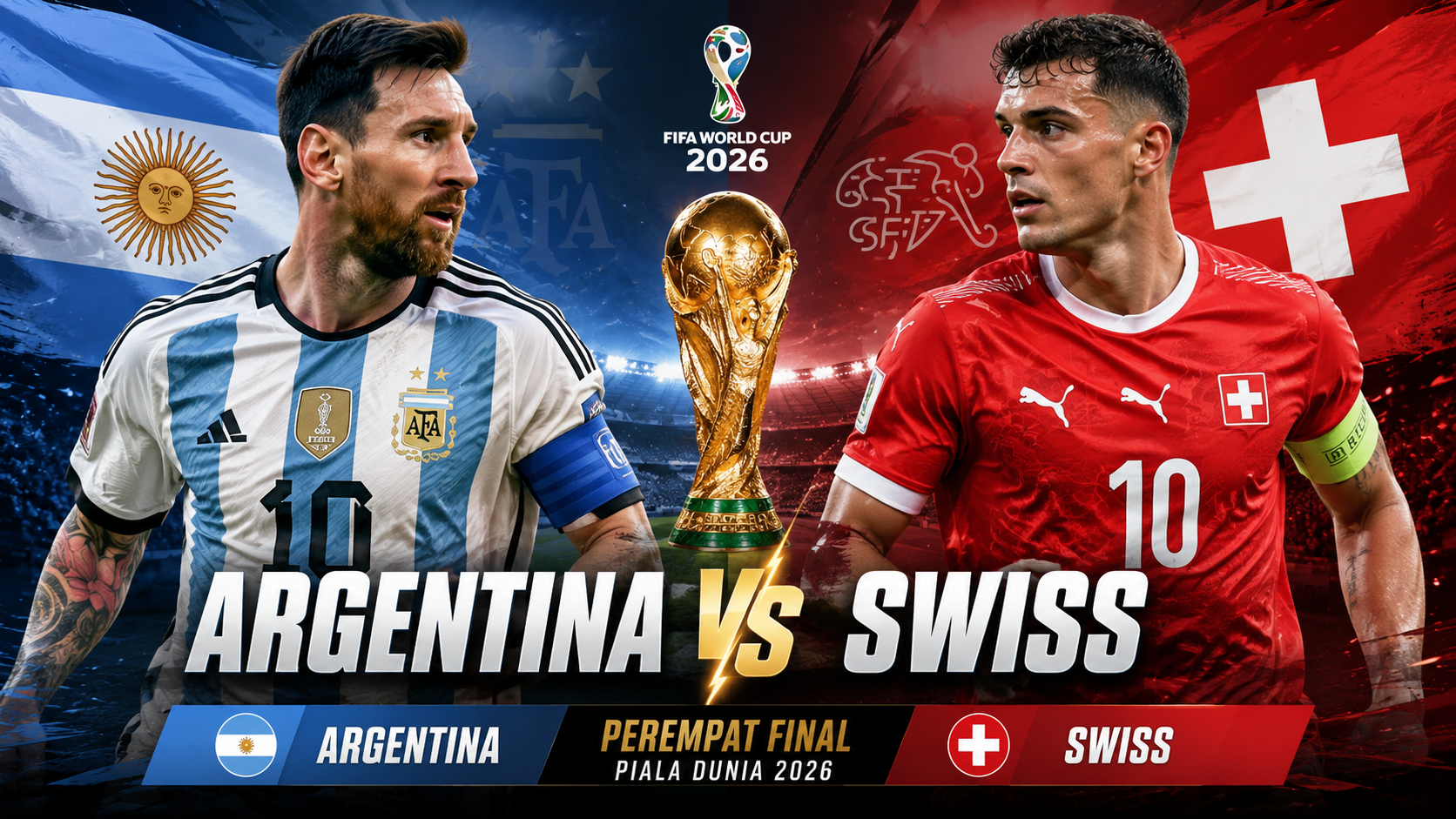 Ilustrasi Lionel Messi dan pemain Swiss menjelang pertandingan Argentina vs Swiss pada perempat final Piala Dunia 2026.