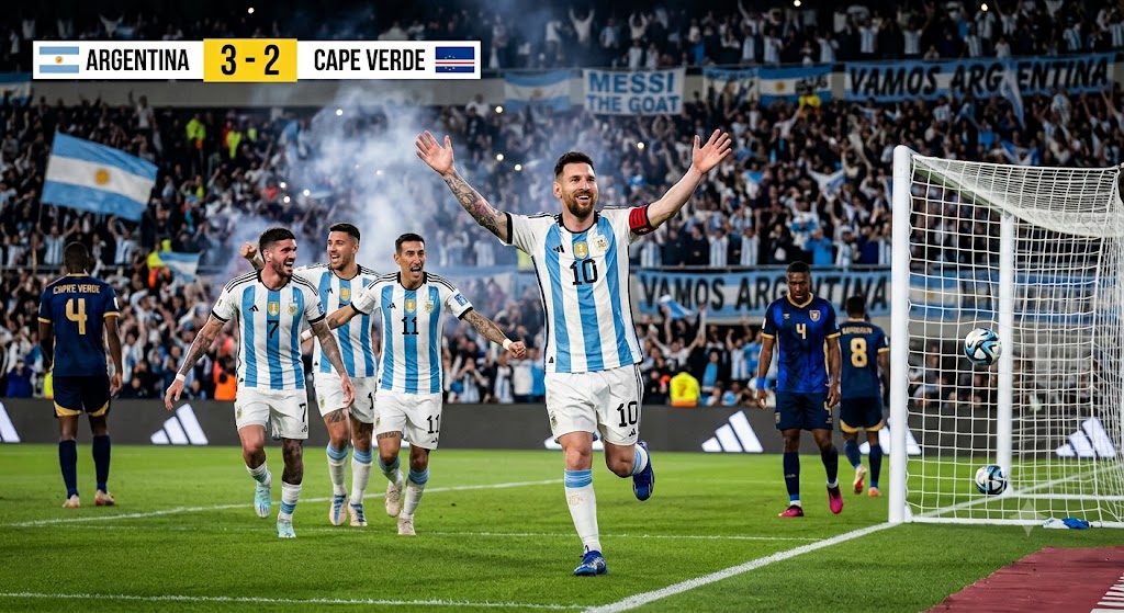 Lionel Messi dan para pemain timnas Argentina merayakan kemenangan 3-2 atas Tanjung Verde di lapangan stadion.