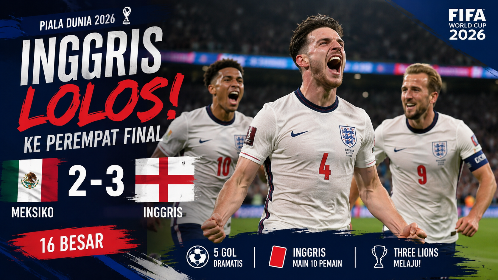 Inggris merayakan kemenangan 3-2 atas Meksiko pada babak 16 besar Piala Dunia 2026 dan lolos ke perempat final.