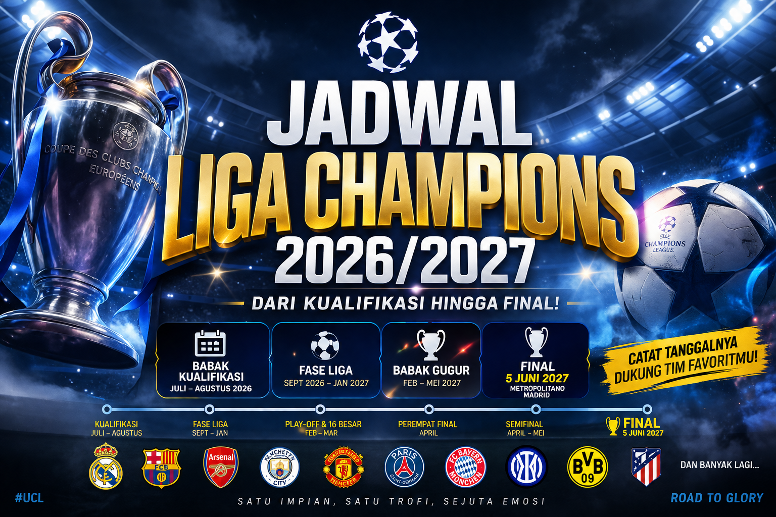 Jadwal Liga Champions UEFA 2026/2027 lengkap mulai babak kualifikasi hingga final dengan ilustrasi trofi dan stadion sepak bola.