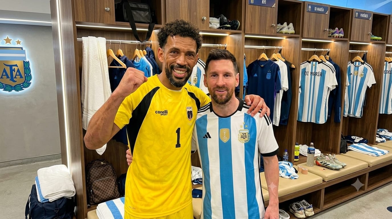 Kiper Tanjung Verde Vozinha merangkul Lionel Messi di ruang ganti setelah pertandingan melawan Argentina.