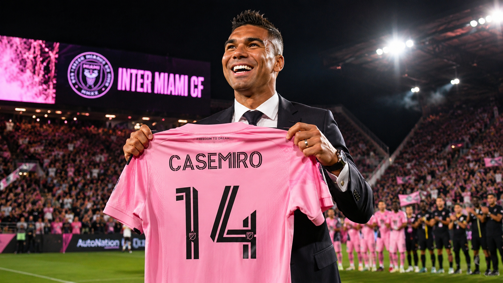 Casemiro memegang jersey Inter Miami di stadion saat diperkenalkan sebagai pemain baru.