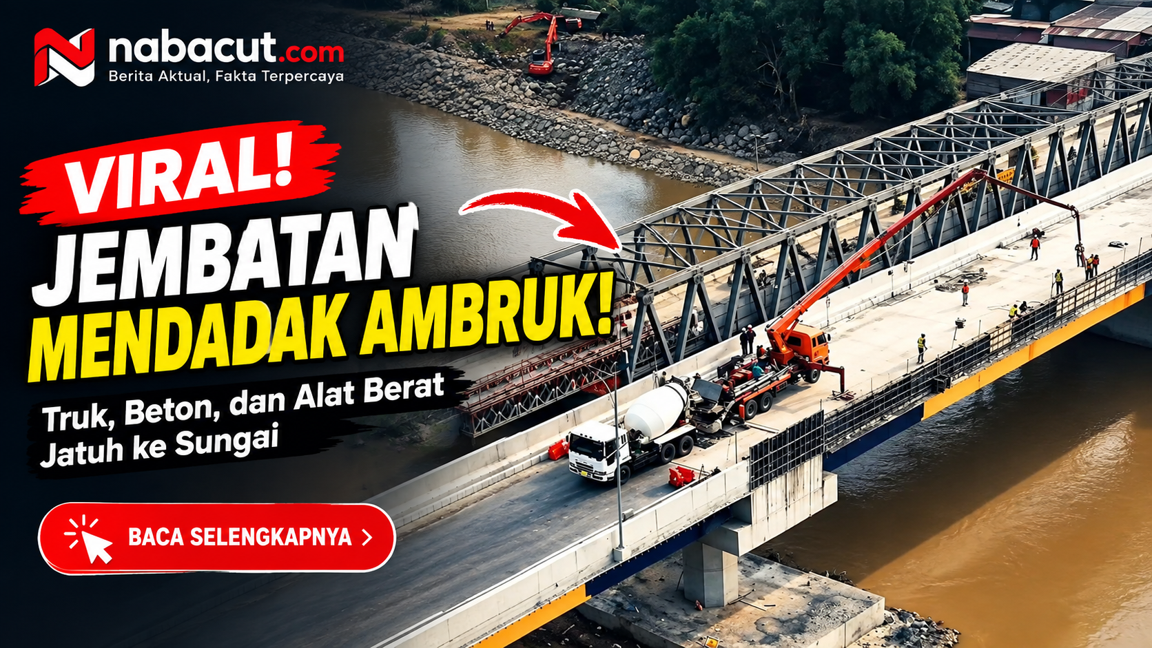 Jembatan dalam proses pembangunan dengan truk beton dan alat berat di atasnya